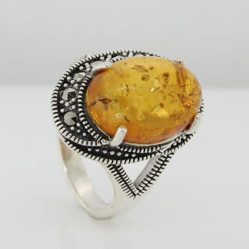 Sterling Silver Amber & Marcasite Ring 2