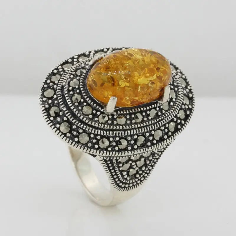 Sterling Silver Amber & Marcasite Ring 4