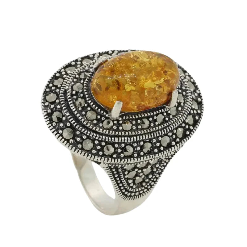 Sterling Silver Amber & Marcasite Ring 4 SEASPRAY VALUATIONS