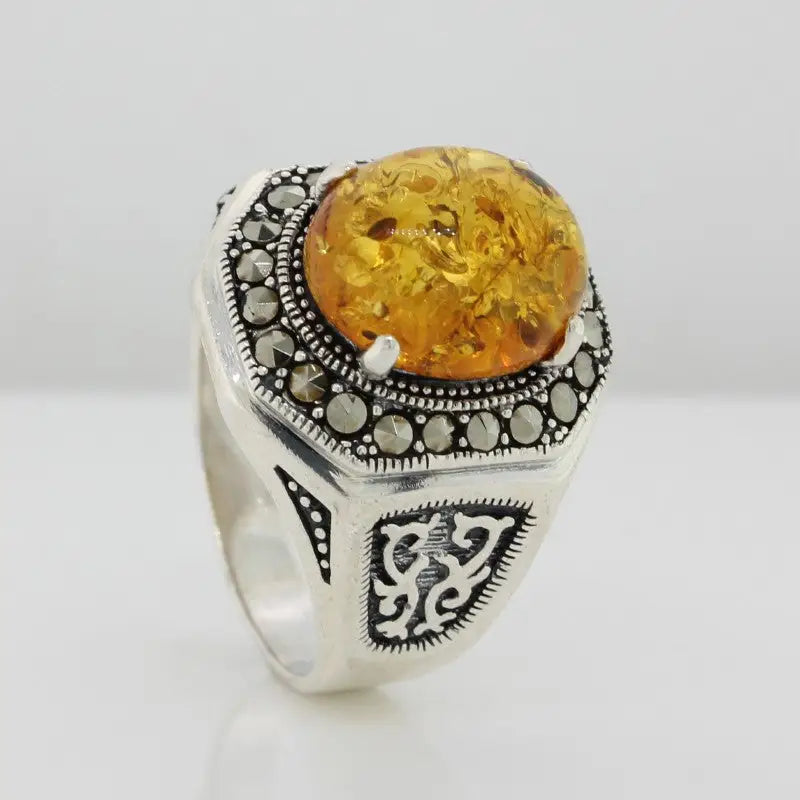 Sterling Silver  Amber & Marcasite Ring