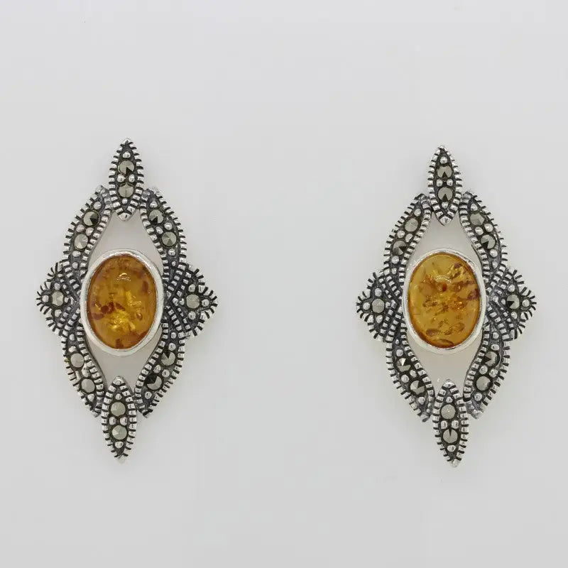 Sterling Silver Amber & Marcasite Stud Earrings