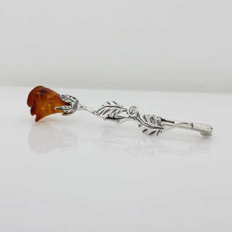 Sterling Silver Amber Single Rose Brooch with Cubic Zirconia