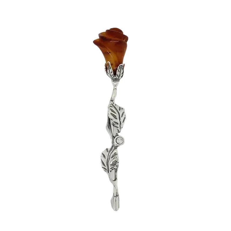Sterling Silver Amber Single Rose Brooch with Cubic Zirconia