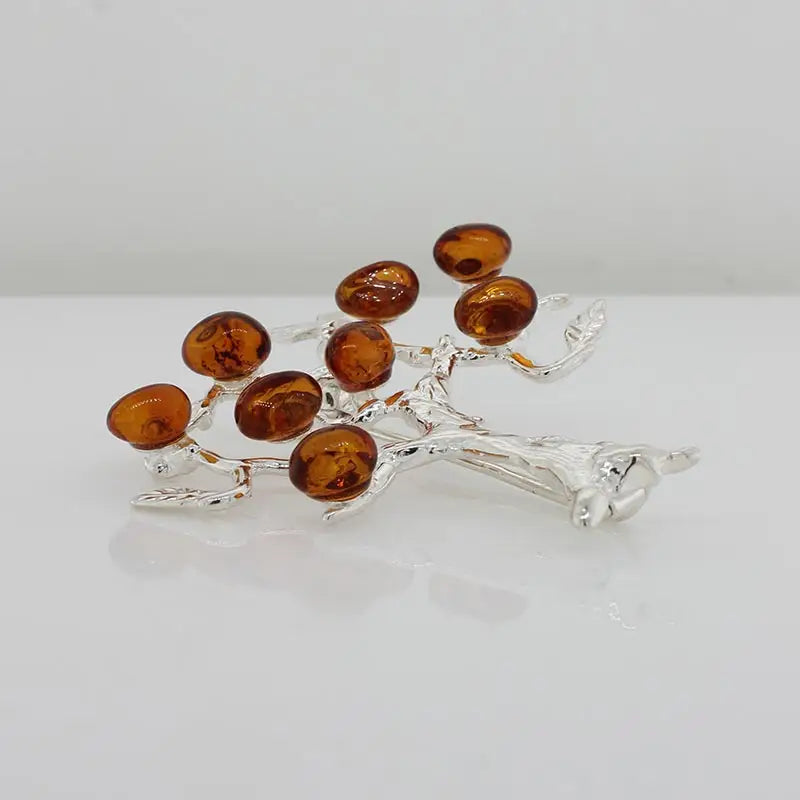 Sterling Silver Amber Tree Brooch - 8 Orange Amber Stones