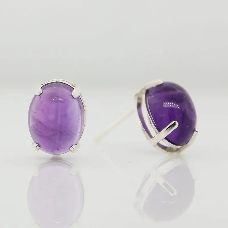 Sterling Silver Amethyst Cabochon 9x7mm Oval Stud Earrings