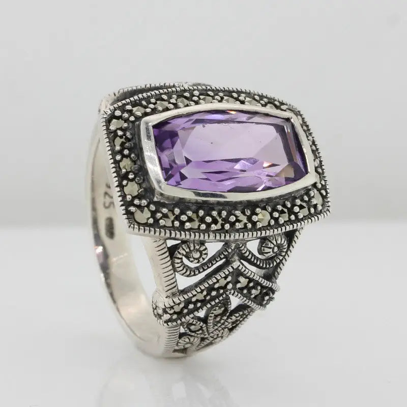 Sterling Silver Amethyst & Marcasite Ring 8