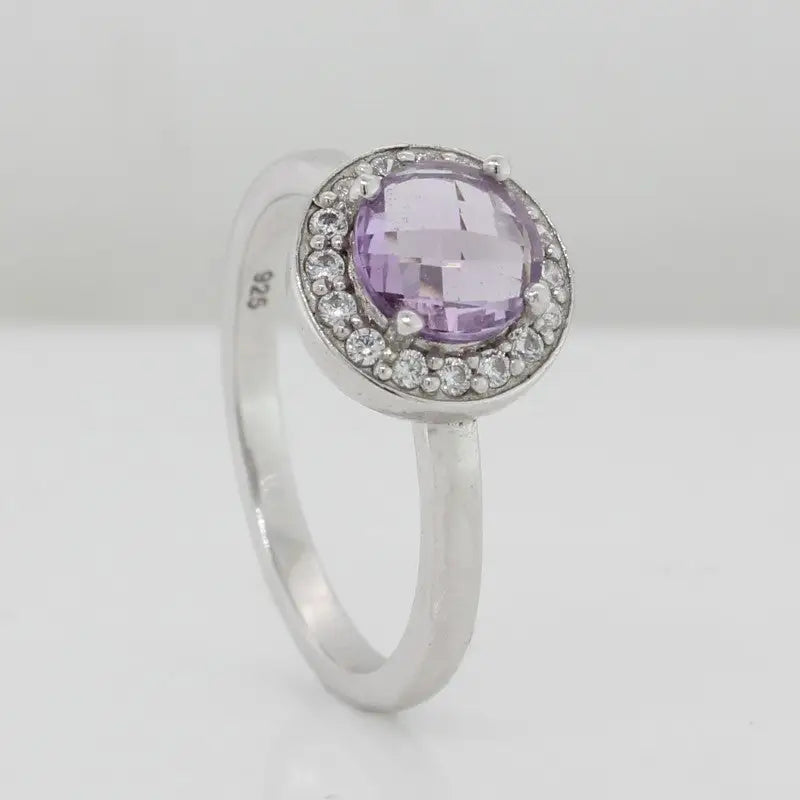 Sterling Silver Amethyst Round Cubic Zirconia Halo Ring