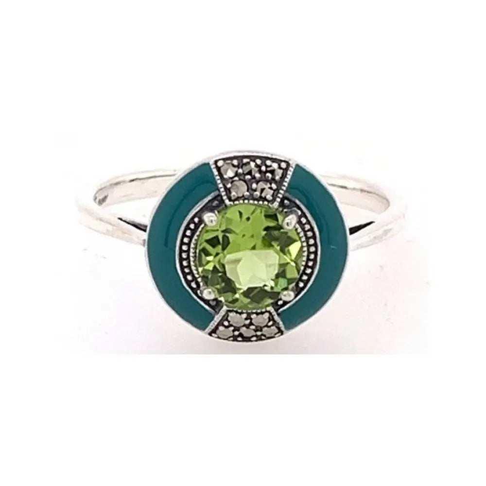 Sterling Silver Antique Style 5mm Round Peridot and Green Enamel Marqusite Ring