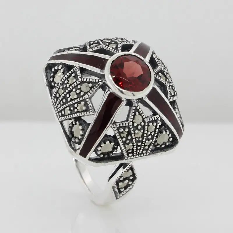 Sterling Silver Antique Style Garnet Marcasite & Red Enamel Ring
