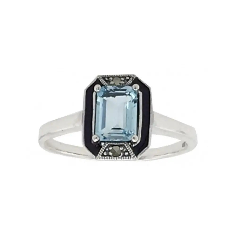 Sterling Silver Antique Style Octaganal 7x5 Blue Topaz Blue Enamel Art Deco Marqusite Ring