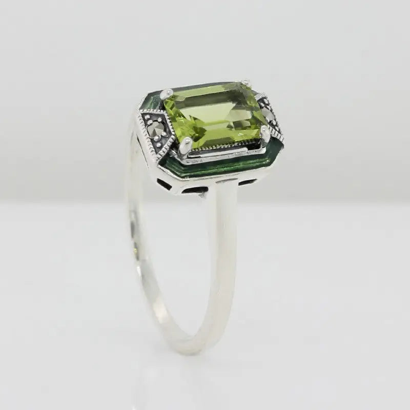 Sterling Silver Antique Style Octaganal 7x5 Peridot and Green Enamel Art Deco Marqusite Ring