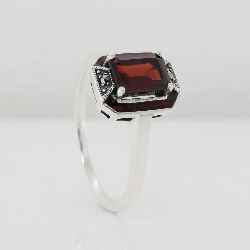 Sterling Silver Antique Style Octaganal  Red Garnet Red Enamel Art Deco Marqusite Ring