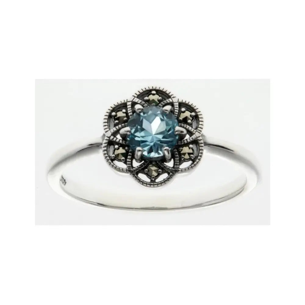 Sterling Silver Antique Style Round 5mm Blue Topaz Marqusite Ring