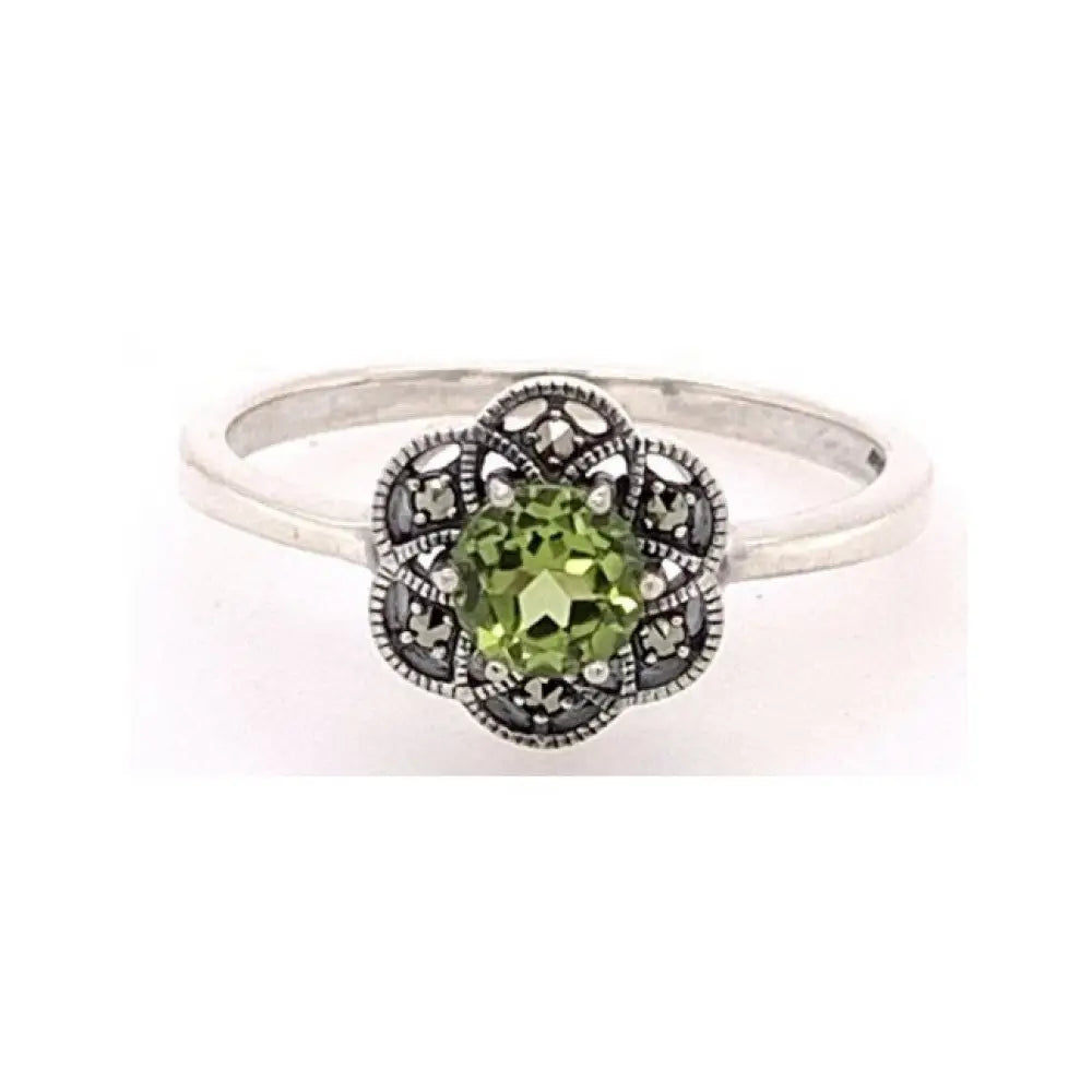 Sterling Silver Antique Style Round 5mm Peridot with Marqusite Petals to form a Flower Ring Size P