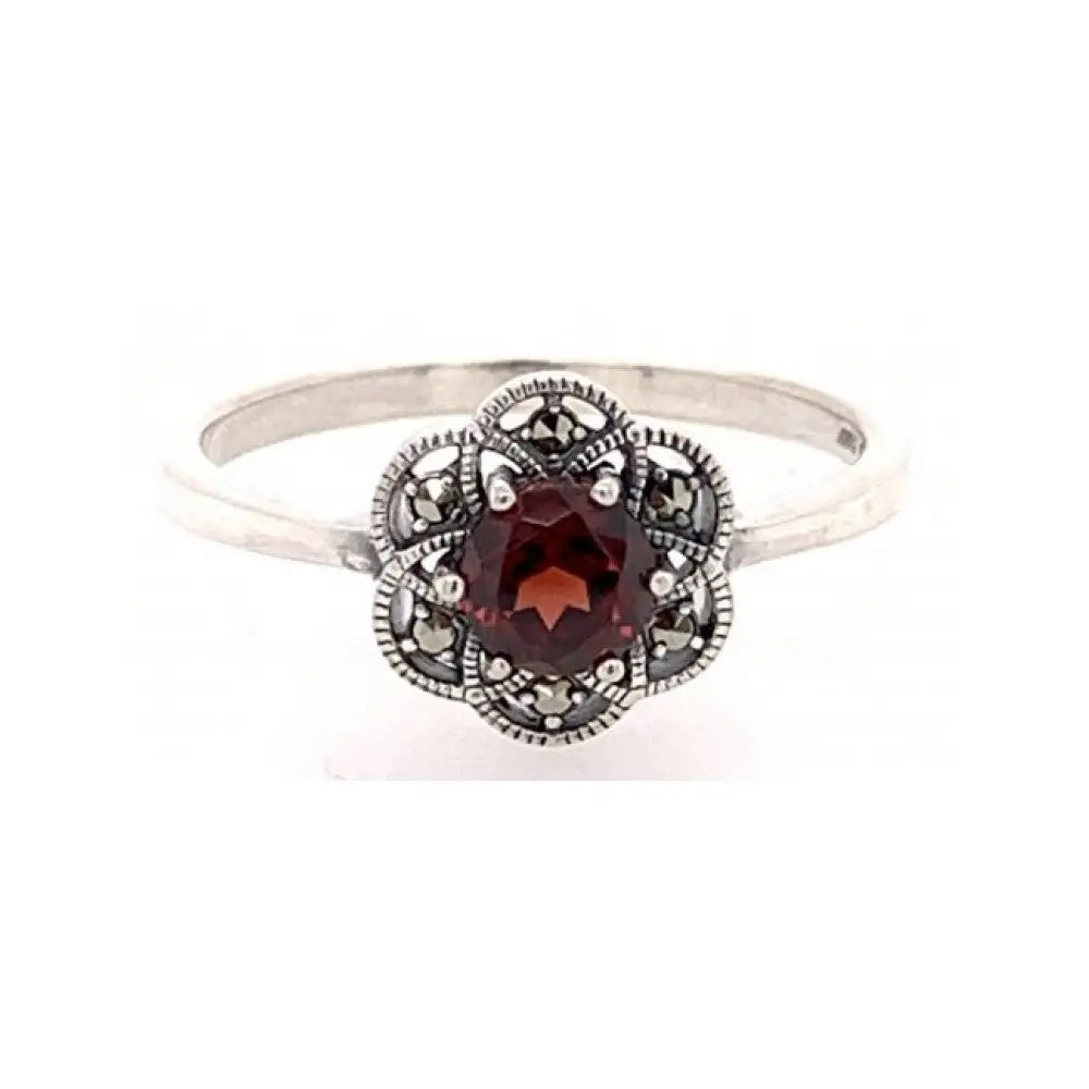 Sterling Silver Antique Style Round Red Garnet 5mm Marqusite Ring