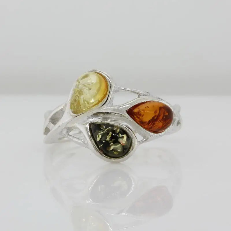  Sterling Silver Baltic Amber Ring with Three 6mm x 4mm Pear Shape Amber Size N