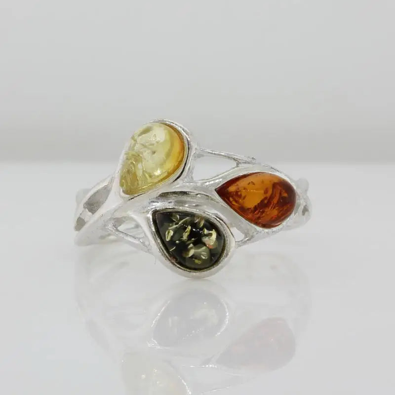 Sterling Silver Baltic Amber Ring with Three 6mm x 4mm Pear
