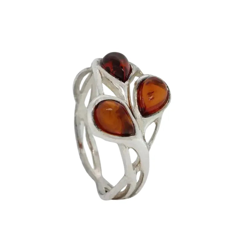 Sterling Silver Baltic Amber Ring with Three Orange 6mm x