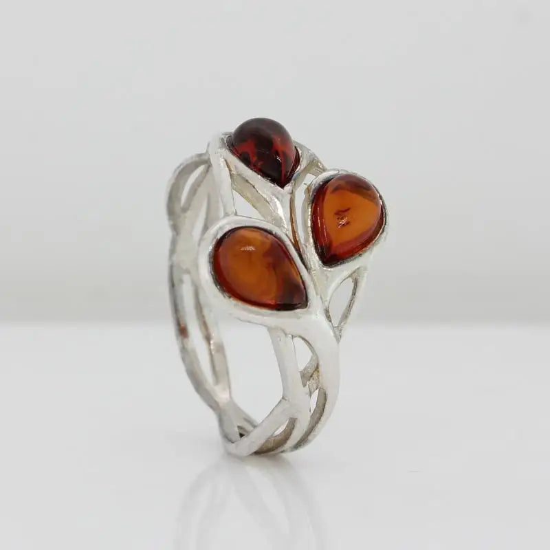  Sterling Silver Baltic Amber Ring with Three Orange 6mm x 4mm Pear Shape Amber Size N