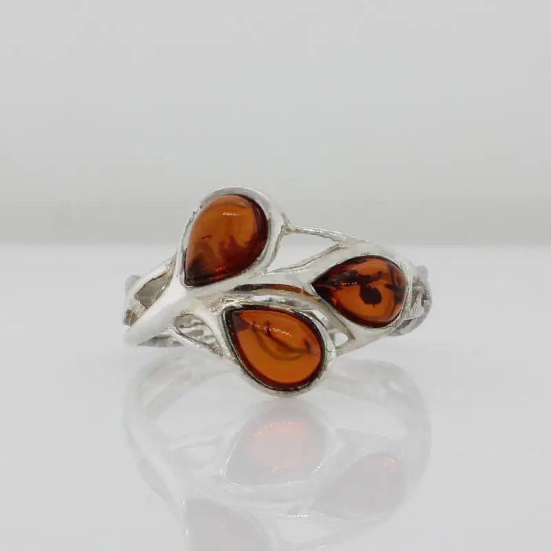  Sterling Silver Baltic Amber Ring with Three Orange 6mm x 4mm Pear Shape Amber Size N