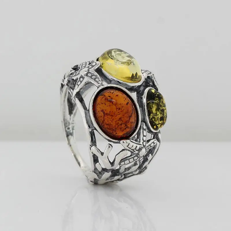  Sterling Silver Baltic Three Oval Amber Ring Size P