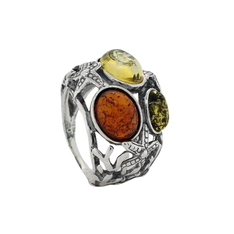 Sterling Silver Baltic Three Oval Amber Ring Size P Seaspray