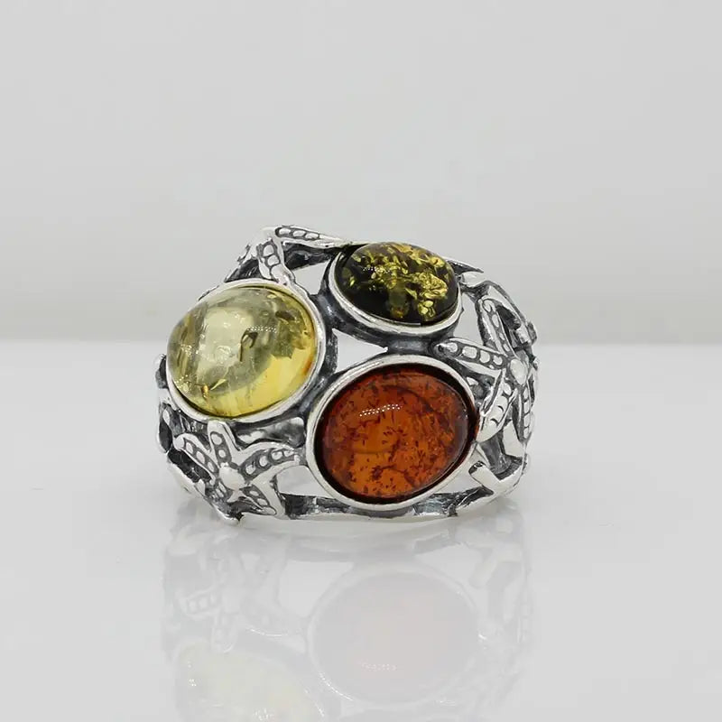  Sterling Silver Baltic Three Oval Amber Ring Size P