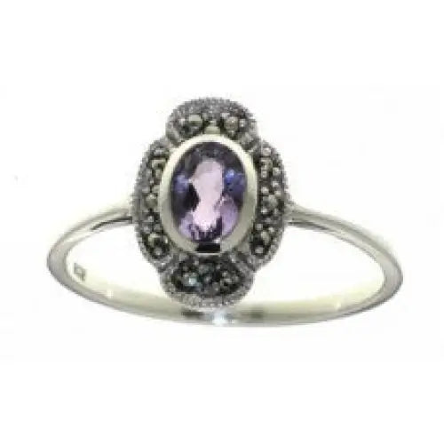 Sterling Silver Bezel Set 6 x 4mm Oval Amethyst & Marcasite Antique Style Oval Ring