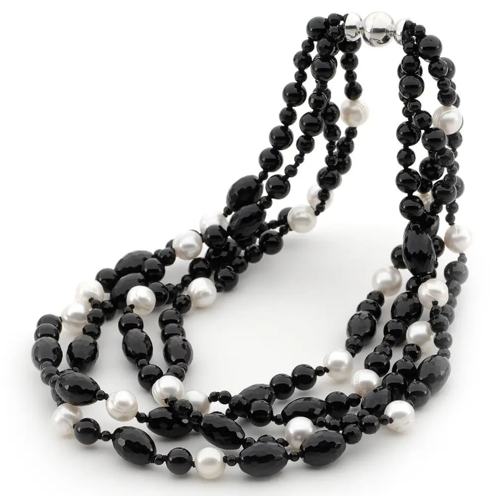 Sterling Silver Black Onyx & Freshwater Pearl Four Row Necklet, 44cm