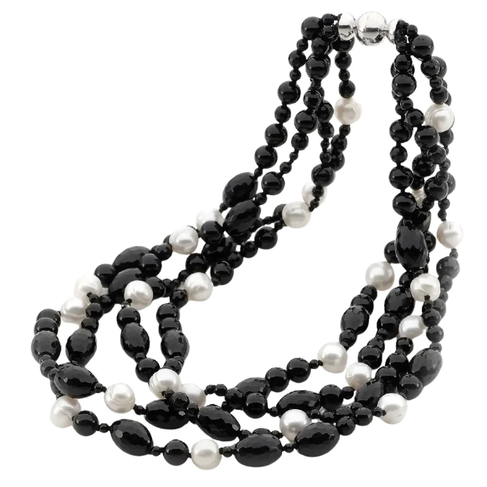 Sterling Silver Black Onyx & Freshwater Pearl Four Row