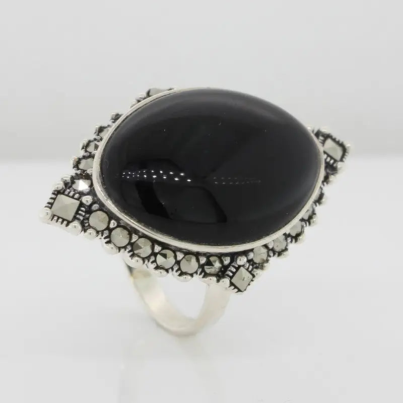 Sterling Silver Black Onyx & Marcasite Ring