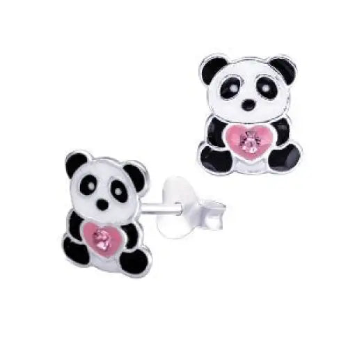 Sterling Silver Black & White Enamel Panda With Pink Heart & Crystal Stud Earrings