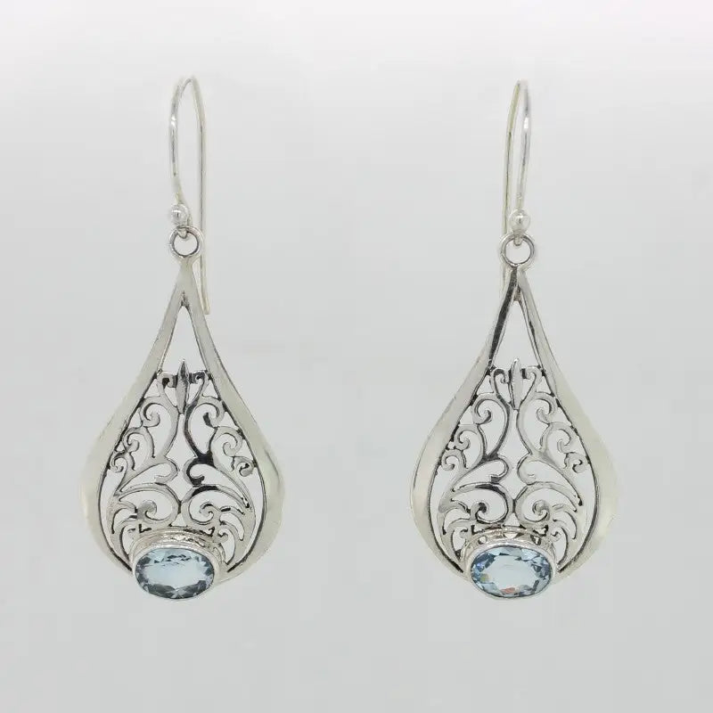 Sterling Silver & Blue Topaz Filigree  Earrings 17.28mm Width x 27.08Long