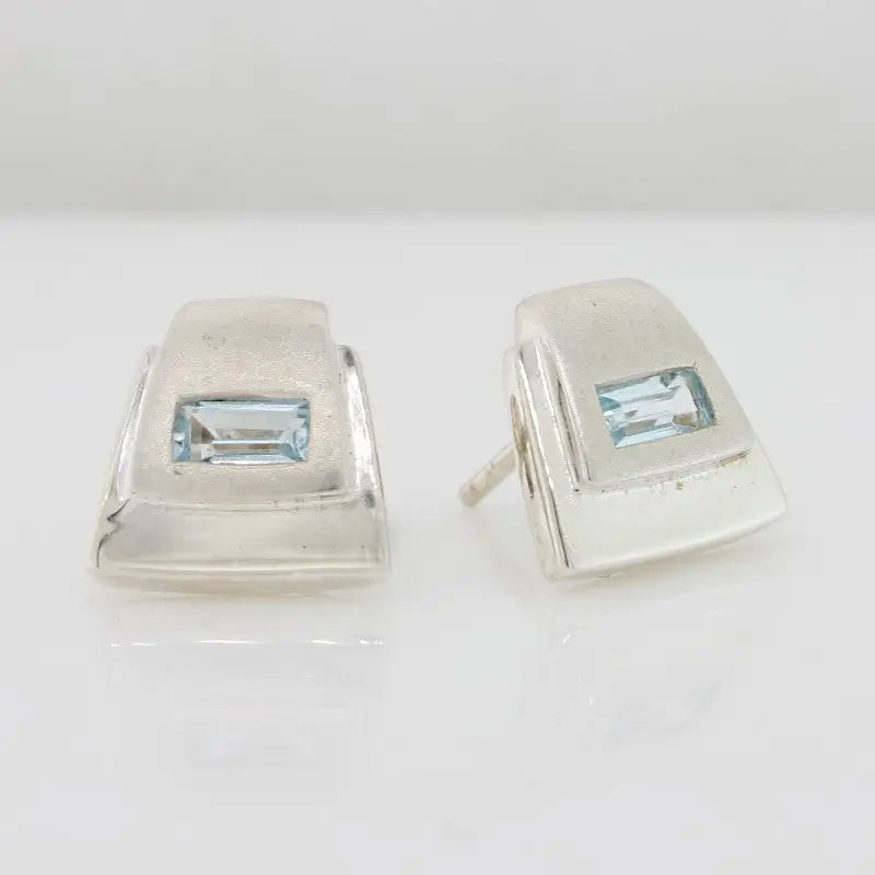 Sterling Silver Blue Topaz Geometric Stud Earrings