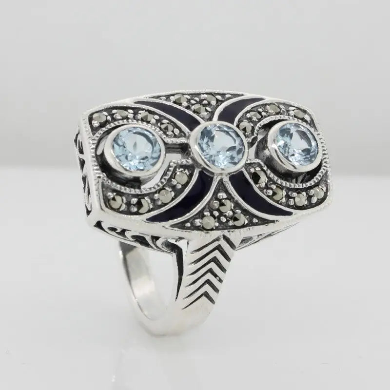 Sterling Silver Blue Topaz Marcasite & Enamel Ring