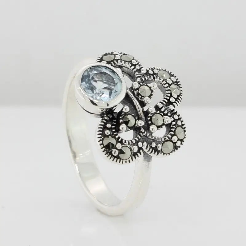 Sterling Silver Blue Topaz & Marcasite Ring 11