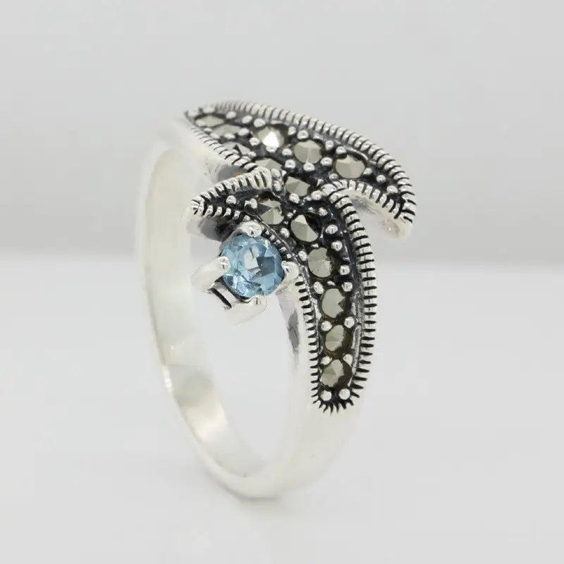 Sterling Silver Blue Topaz & Marcasite Ring 5