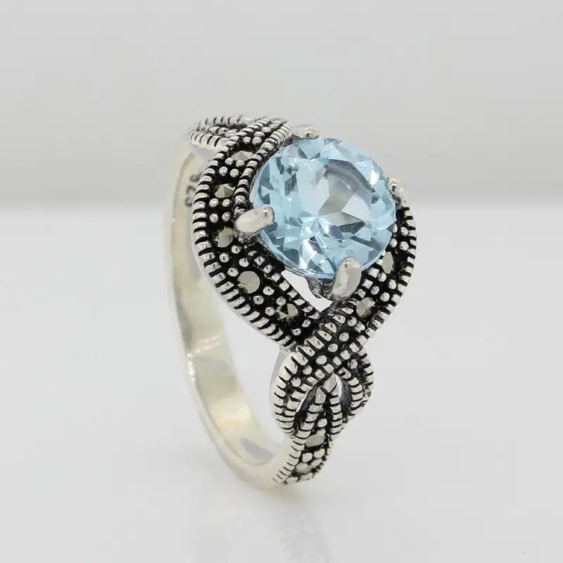 STerling SIlver Blue Topaz & Marcasite Ring