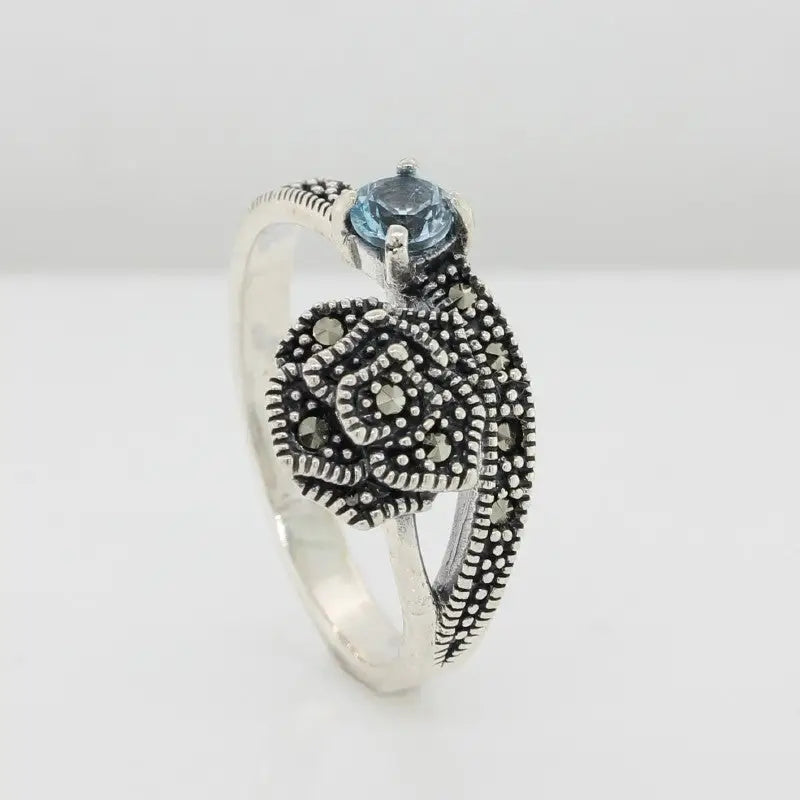 Sterling Silver Blue Topaz & Marcasite Ring 8