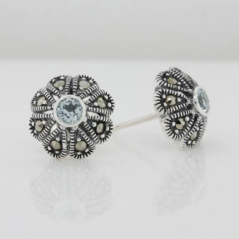 Sterling Silver Blue Topaz & Marcasite Stud Earrings 2