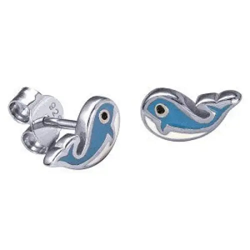 Sterling Silver Blue & White Enamel Whale Stud Earrings