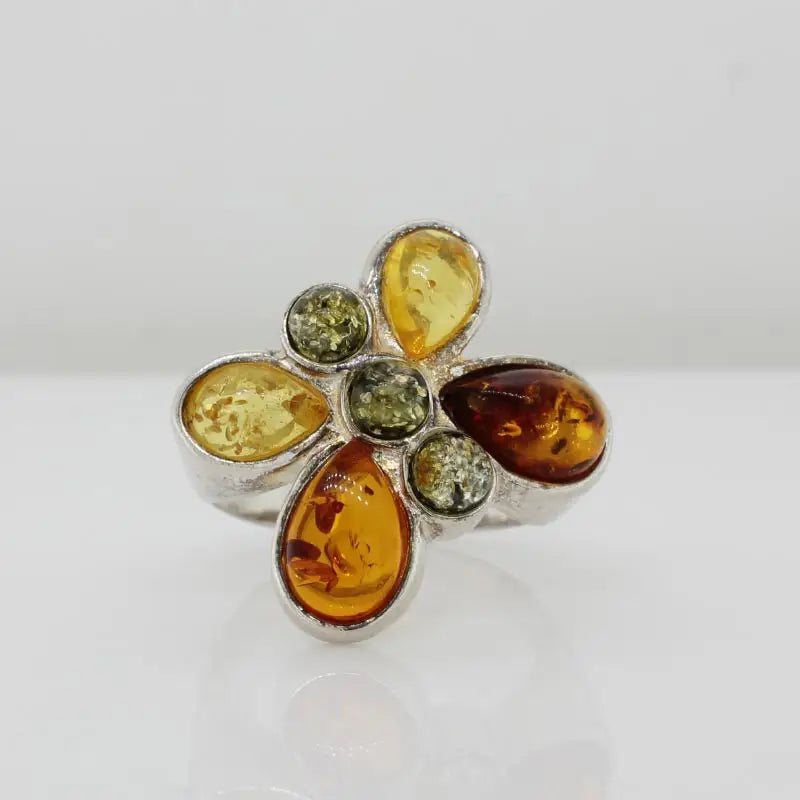  Sterling Silver Butterfly Baltic Amber Ring with Four Pear Shape & Three Round  Amber Size N