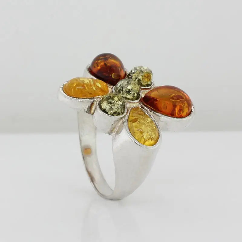  Sterling Silver Butterfly Baltic Amber Ring with Four Pear Shape & Three Round  Amber Size N