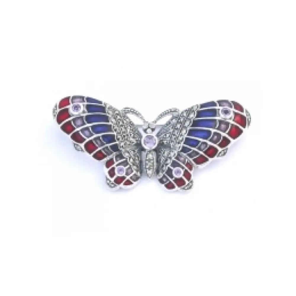 Sterling Silver Butterfly Brooch Bezel Set Amethyst with Red