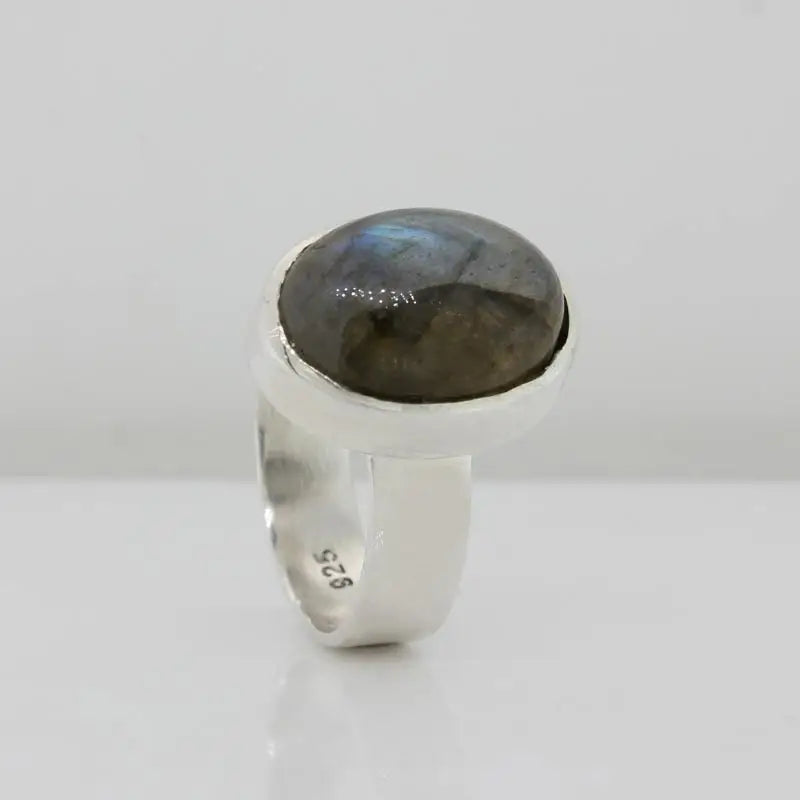 Sterling Silver Cabochon Oval Labradorite 14mm x 10mm Bezel Set Ring Size O