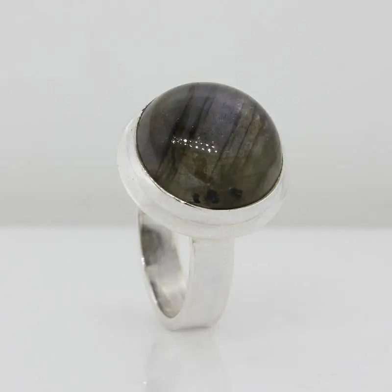Sterling Silver Cabochon Round Labradorite 12.5mm Bezel Set Ring Size K
