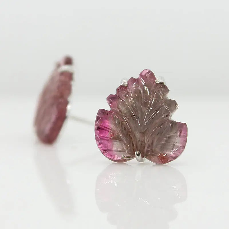 Sterling Silver Carved Watermelon Tourmaline Stud Earrings - Leaf Shape 2