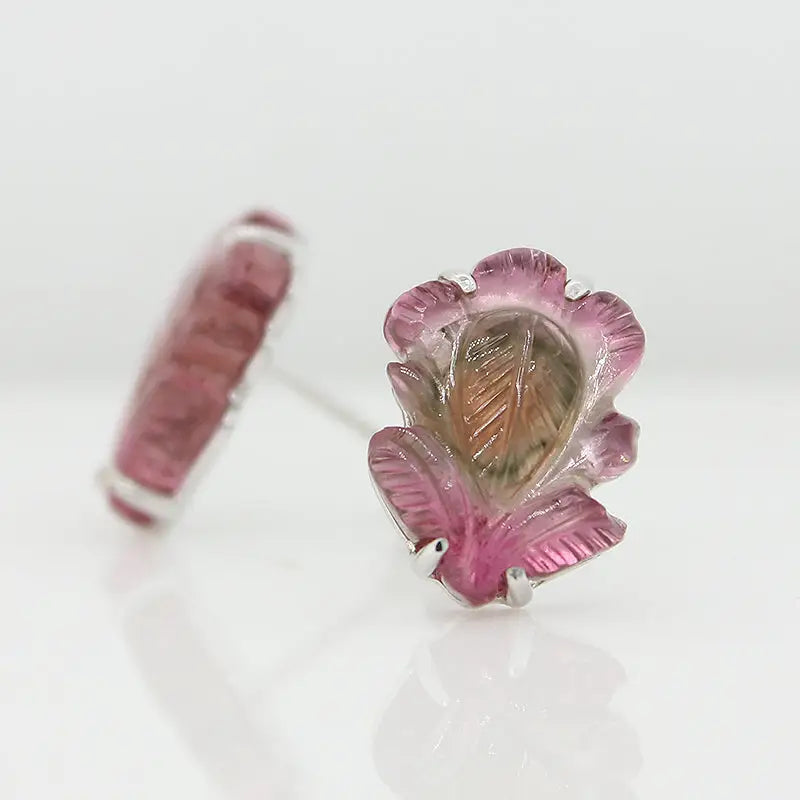 Sterling Silver Carved Watermelon Tourmaline Stud Earrings - Leaf Shape