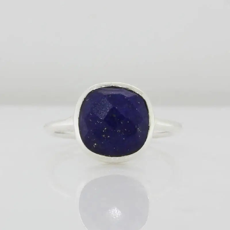 Sterling Silver Checkerboard Faceted Cushion Shape 10mm Lapis Lazuli Bezel Set Ring Size Q