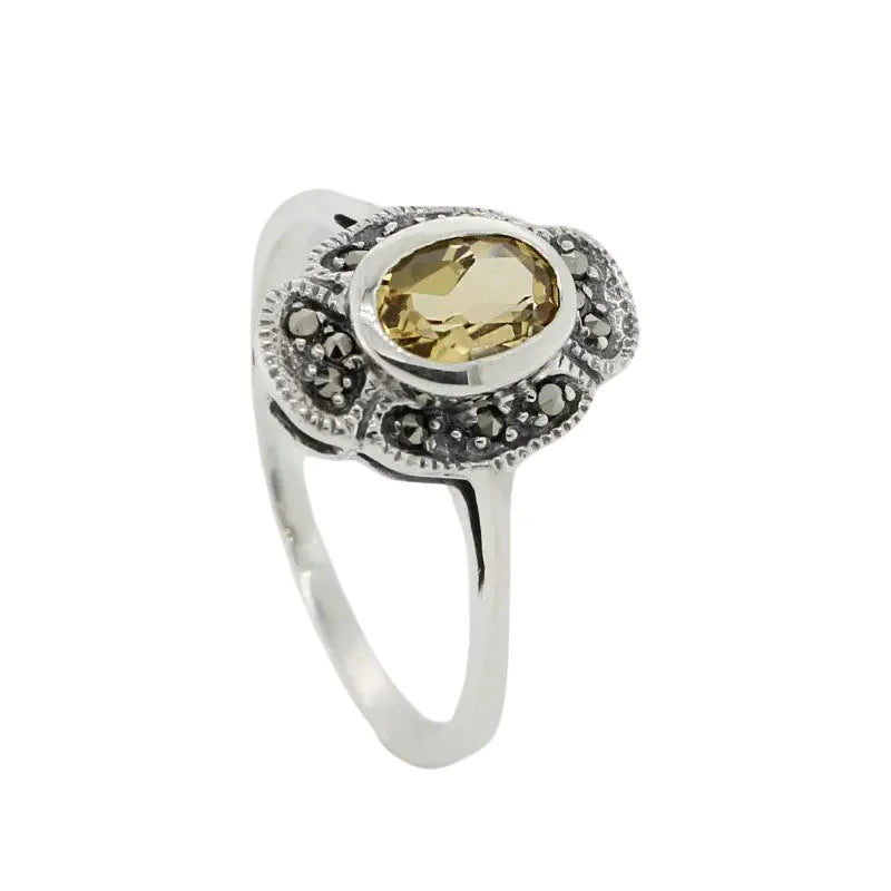 Sterling Silver Citrine & Marcasite Antique Style Ring